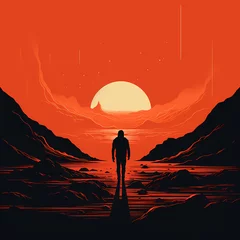 Rolgordijnen Minimalist illustration of lonely astronaut hiking across a dark planet with the sun setting in the background. © Jason