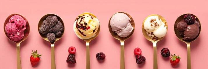 Ice Cream, Set of ice cream scoops of different colors and flavours with berries, nuts and fruits decoration on pink background. Generative Ai