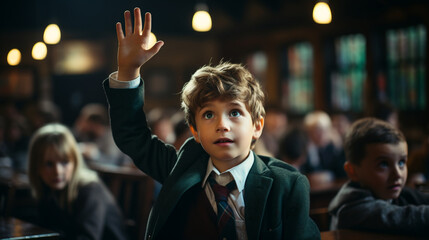 Fototapeta premium School boy put on his hand in classroom. Generative AI