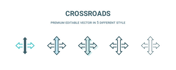 crossroads icon in 5 different style. Outline, filled, two color, thin crossroads icon isolated on white background. Editable vector can be used web and mobile