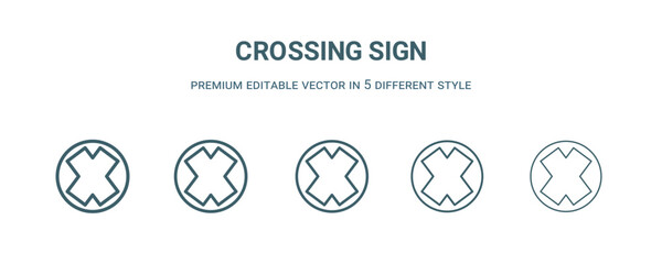 crossing sign icon in 5 different style. Thin, light, regular, bold, black crossing sign icon isolated on white background.