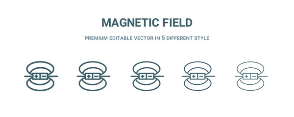 magnetic field icon in 5 different style. Thin, light, regular, bold, black magnetic field icon isolated on white background.