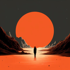 Solitary figure walking towards a large red sun in the background. Minimalist landscape