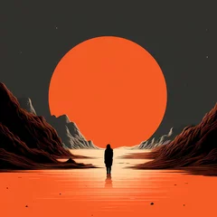 Photo sur Plexiglas Rouge Solitary figure walking towards a large red sun in the background. Minimalist landscape