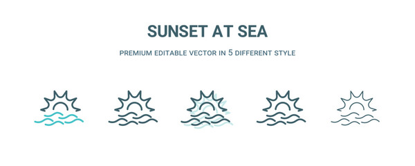 sunset at sea icon in 5 different style. Outline, filled, two color, thin sunset at sea icon isolated on white background. Editable vector can be used web and mobile