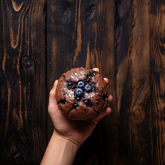 Chocolate muffin with berries in child hand