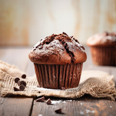Chocolate muffin on a wooden table - obrazy, fototapety, plakaty