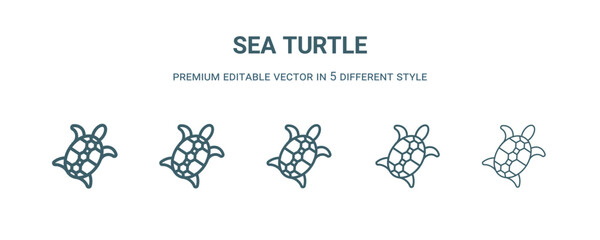 sea turtle icon in 5 different style. Thin, light, regular, bold, black sea turtle icon isolated on white background.