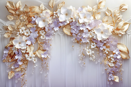 Fototapeta Decorative mural, purple background with white paper flowers and golden leaves, frame for photo album. Generative AI