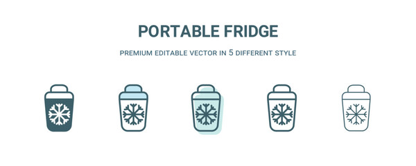 portable fridge icon in 5 different style. Outline, filled, two color, thin portable fridge icon isolated on white background. Editable vector can be used web and mobile