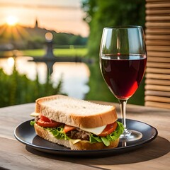 Bocadillo: Copa de vino tinto acompañada con un sandwich de carne. Diseño generado con IA.