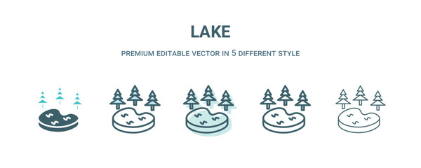 lake icon in 5 different style. Outline, filled, two color, thin lake icon isolated on white background. Editable vector can be used web and mobile