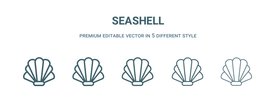 seashell icon in 5 different style. Thin, light, regular, bold, black seashell icon isolated on white background.