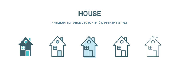 house icon in 5 different style. Outline, filled, two color, thin house icon isolated on white background. Editable vector can be used web and mobile
