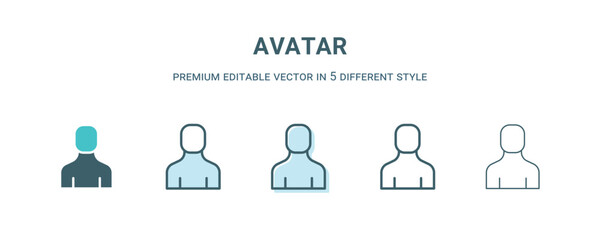 avatar icon in 5 different style. Outline, filled, two color, thin avatar icon isolated on white background. Editable vector can be used web and mobile