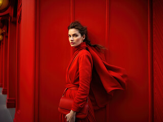 Young woman in red in front of red wall