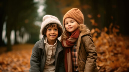 Obraz premium Children in the park. Games in the autumn park. Happy childhood. Friendship. Generative AI