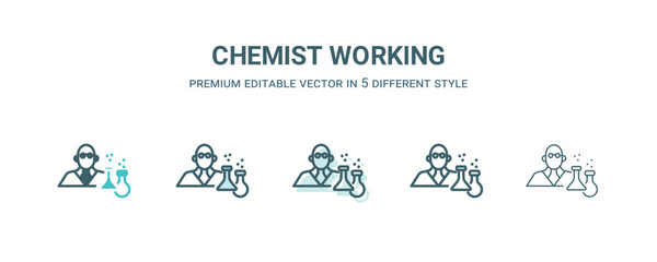 chemist working icon in 5 different style. Outline, filled, two color, thin chemist working icon isolated on white background. Editable vector can be used web and mobile