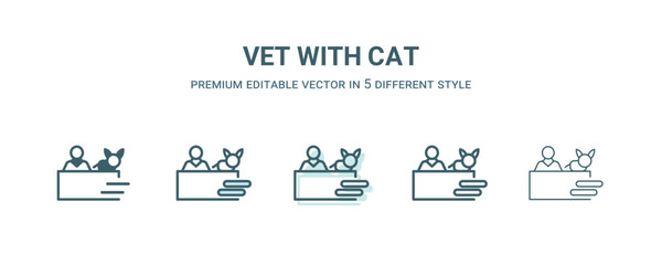 vet with cat icon in 5 different style. Outline, filled, two color, thin vet with cat icon isolated on white background. Editable vector can be used web and mobile