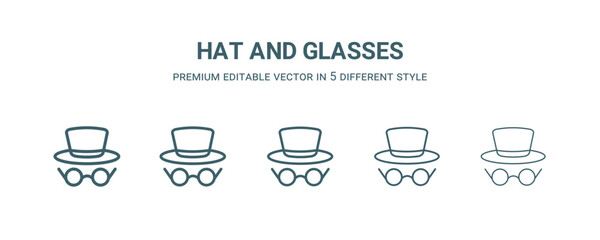 hat and glasses icon in 5 different style. Thin, light, regular, bold, black hat and glasses icon isolated on white background.