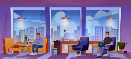 Man in room with window workplace vector interior background. Cityscape and rain weather view from corporate workspace business illustration. Cabinet with desktop, chair, plant and male character