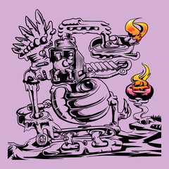 fire guardiansteampunk  vector illustration isolated on light purple back gorund