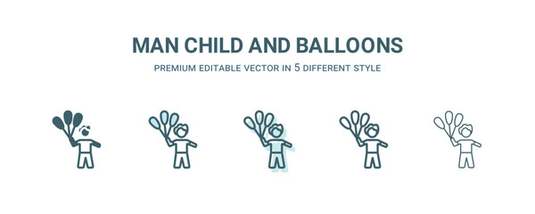 man child and balloons icon in 5 different style. Outline, filled, two color, thin man child and balloons icon isolated on white background. Editable vector can be used web and mobile