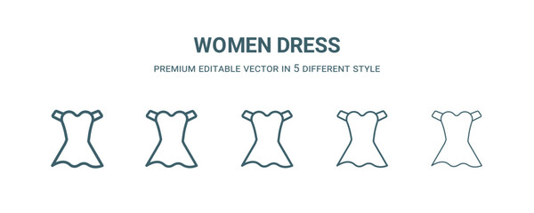 women dress icon in 5 different style. Thin, light, regular, bold, black women dress icon isolated on white background.