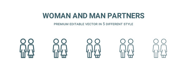 woman and man partners icon in 5 different style. Thin, light, regular, bold, black woman and man partners icon isolated on white background.