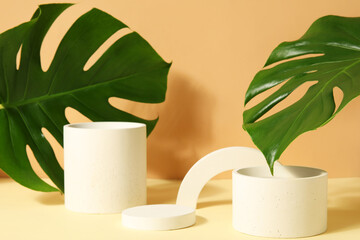 Plaster podiums and monstera leaves on beige background