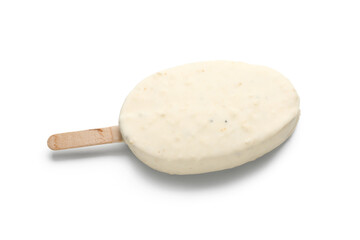 Delicious chocolate covered ice cream on stick against white background