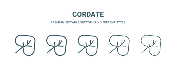 cordate icon in 5 different style. Thin, light, regular, bold, black cordate icon isolated on white background.
