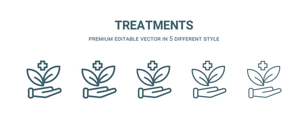 treatments icon in 5 different style. Thin, light, regular, bold, black treatments icon isolated on white background.