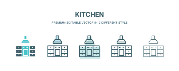 kitchen icon in 5 different style. Outline, filled, two color, thin kitchen icon isolated on white background. Editable vector can be used web and mobile