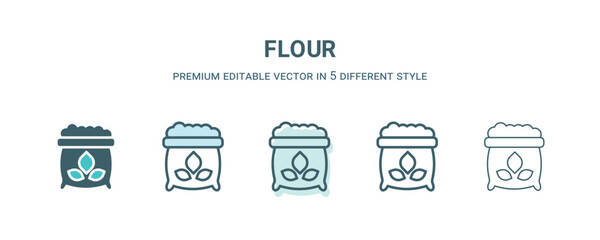 flour icon in 5 different style. Outline, filled, two color, thin flour icon isolated on white background. Editable vector can be used web and mobile