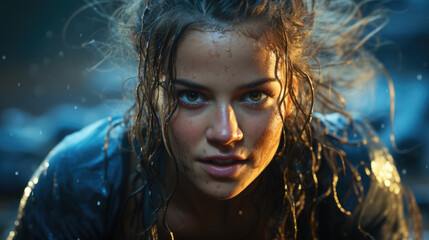 A close up of a person with wet hair.