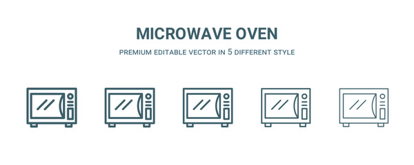 microwave oven icon in 5 different style. Thin, light, regular, bold, black microwave oven icon isolated on white background. Editable vector