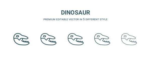 dinosaur icon in 5 different style. Thin, light, regular, bold, black dinosaur icon isolated on white background. Editable vector