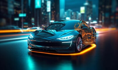 Fototapeta na wymiar EV electric car system. futuristic car in night with morden light smart city, Generative AI