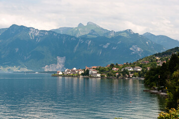 Fototapeta premium Saint-Gingolph, Haute-Savoie, on on Lake Geneva on the border between France and Switzerland