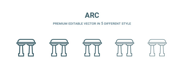 arc icon in 5 different style. Thin, light, regular, bold, black arc icon isolated on white background. Editable vector