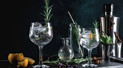 gin and tonic cocktail with rosemary leaves in glasses - obrazy, fototapety, plakaty