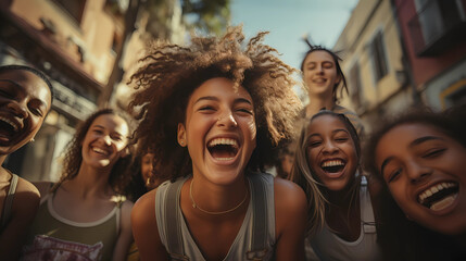A group of teenagers with diverse backgrounds are laughing together.