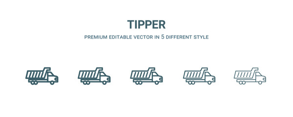 tipper icon in 5 different style.Thin, light, regular, bold, black tipper icon isolated on white background. Editable vector
