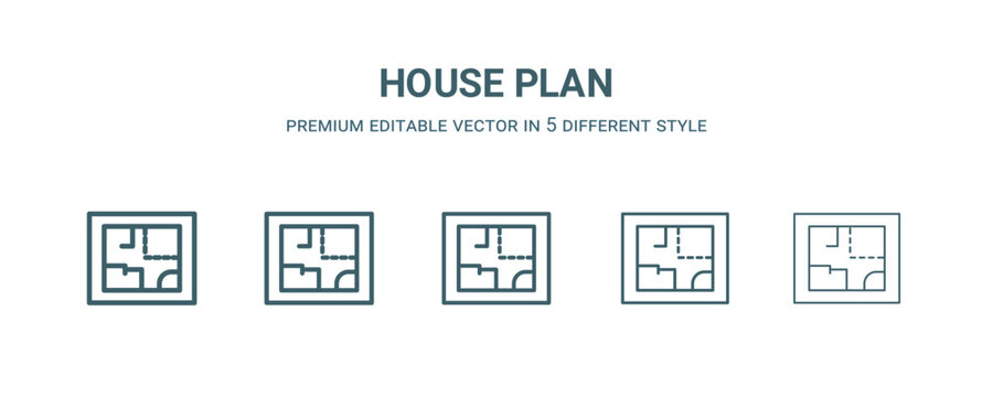 house plan icon in 5 different style.Thin, light, regular, bold, black house plan icon isolated on white background. Editable vector