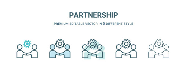 partnership icon in 5 different style. Outline, filled, two color, thin partnership icon isolated on white background. Editable vector can be used web and mobile