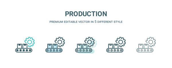 production icon in 5 different style. Outline, filled, two color, thin production icon isolated on white background. Editable vector can be used web and mobile