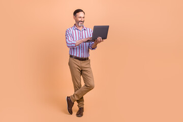Fototapeta na wymiar Photo of good mood smart handsome man wear striped shirt brown trousers look at laptop read post isolated on beige color background