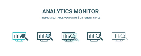 analytics monitor icon in 5 different style. Outline, filled, two color, thin analytics monitor icon isolated on white background. Editable vector can be used web and mobile