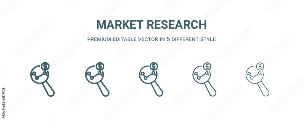 Sticker market research icon in 5 different style. Thin, light, regular, bold, black market research icon isolated on white background. Editable vector